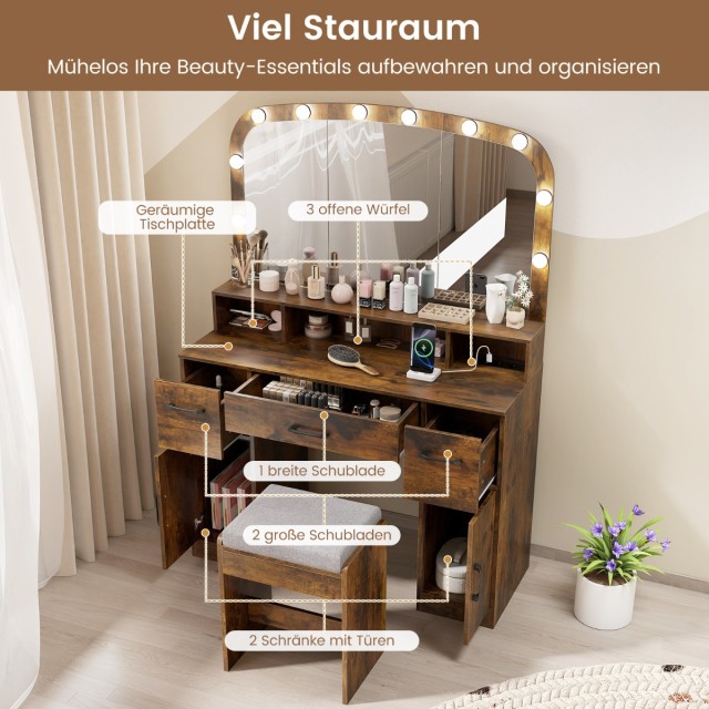 Costway Τουαλέτα Μακιγιάζ με Σκαμπό & LED Καθρέφτης 3 Χρωμάτων & Στ...