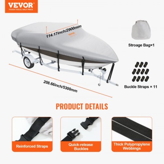 VEVOR Κάλυμμα Σκάφους 4260-4800mm Αδιάβροχο με Ιμάντες, Γκρι  TYCZ1416FT901K7LLV0
