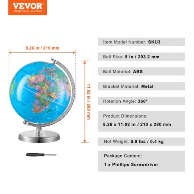 Περιστρεφόμενη Υδρόγειος Σφαίρα VEVOR 8 για Εκπαιδευτική Χρήση  DQYJJLBFG8YCRYAAZV0