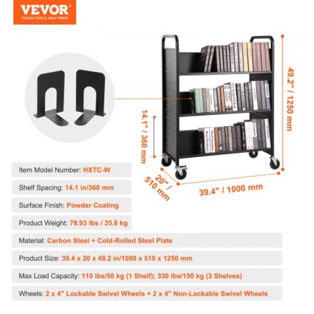 VEVOR Καρότσι Βιβλίων 330 lbs, Διπλής Όψης με Ρόδες 4, Μαύρο WXTSGT...