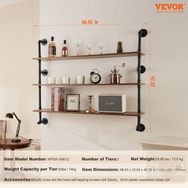VEVOR  Ράφι Βιομηχανικού Στυλ 3 Επιπέδων 48x9.84in Τοίχου για Κουζίνα Υπνοδωμάτιο JSGZWJYGHMBHJ0DEQV0