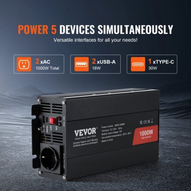 VEVOR Καθαρός Ημιτονοειδής Μετατροπέας 1000W DC12V σε AC230V με Τηλεχειριστήριο CE FCC  CZXNBQ1000WCILWT2V2