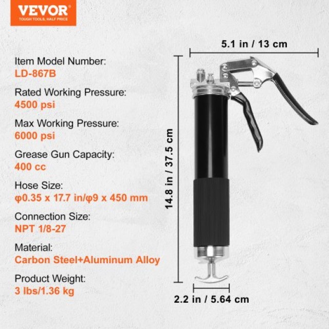 VEVOR Πιστόλι Γράσου 6000PSI 400g Χειροκίνητο με Εύκαμπτο Σωλήνα  SDHYQZXSQSW18DE5JV0