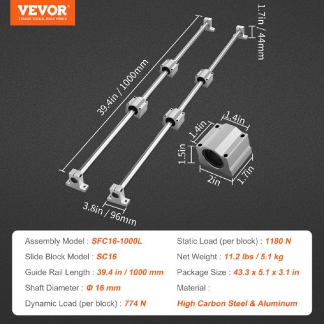 VEVOR  Σετ Οδηγών Γραμμής SFC16 1000mm, 2 Οδηγοί 1000mm, 4 Μπλοκ SC16, 4 Υποστηρίγματα, Κιτ για CNC Έργα DIY ZXH16MM1000MMWXUNV0