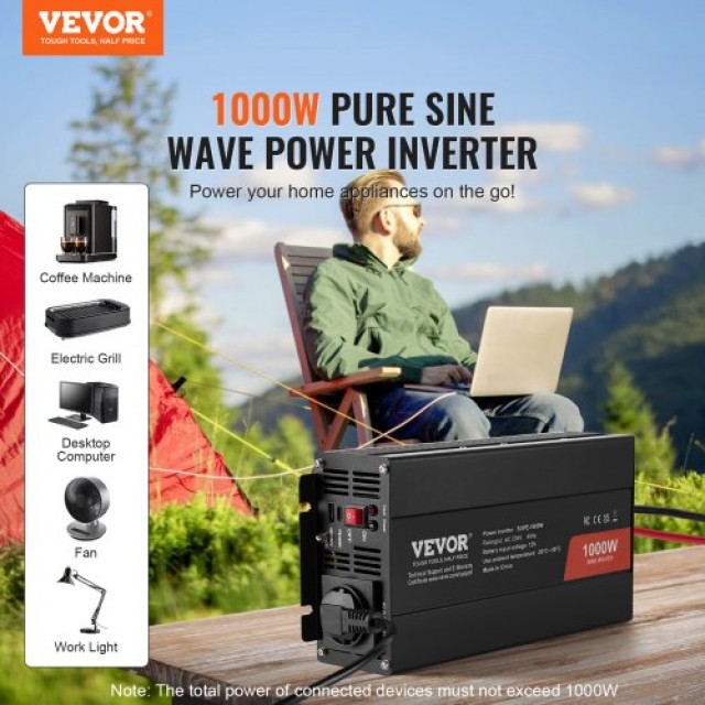 VEVOR Καθαρός Ημιτονοειδής Μετατροπέας 1000W DC12V σε AC230V με Τηλ...