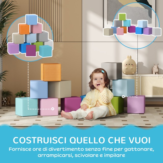 HOMCOM Σετ 12 Μαλακά Παιδικά Κυβάκια για Παιδιά 12-36 Μηνών από PU και EPE, 20x20x20cm, Πολύχρωμα 3D0-003V02MX