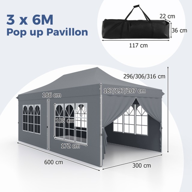 Costway Γκρι Αναδιπλούμενο Περίπτερο 3x6μ με 6 Αφαιρούμενα Πλευρικά...