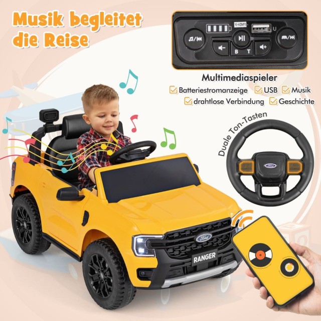 Costway Παιδικό Ηλεκτρικό Αυτοκίνητο Ford Ranger με Πολυμέσα και Ασφαλή Οδήγηση TQ10282DE-YW
