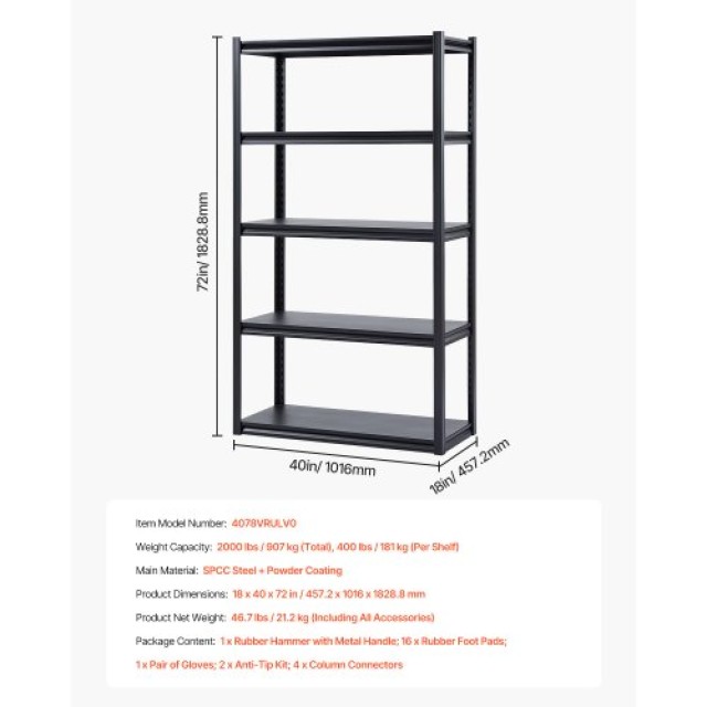 VEVOR Ράφια Αποθήκευσης 5 Επιπέδων 18 Β x 40 Π x 72 Υ για Γκαράζ JSBSXHJ184078VRULV0