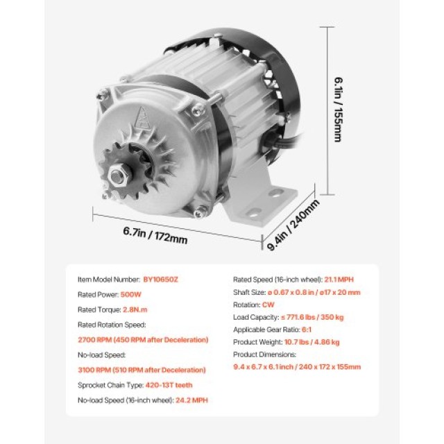 VEVOR Σετ Ηλεκτρικού Κινητήρα 500W Brushless DC 48V 2700rpm με Αναβαθμισμένο Ελεγκτή ZLWSDJTJ500WURJYWV9