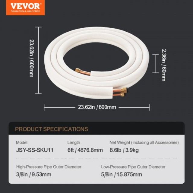 Σετ Σωληνώσεων VEVOR Mini Split 9.5x15.9x4876.8mm Χαλκός AC με Καλώδιο Σύνδεσης  KDLJGTJ38INCHPEFUV0