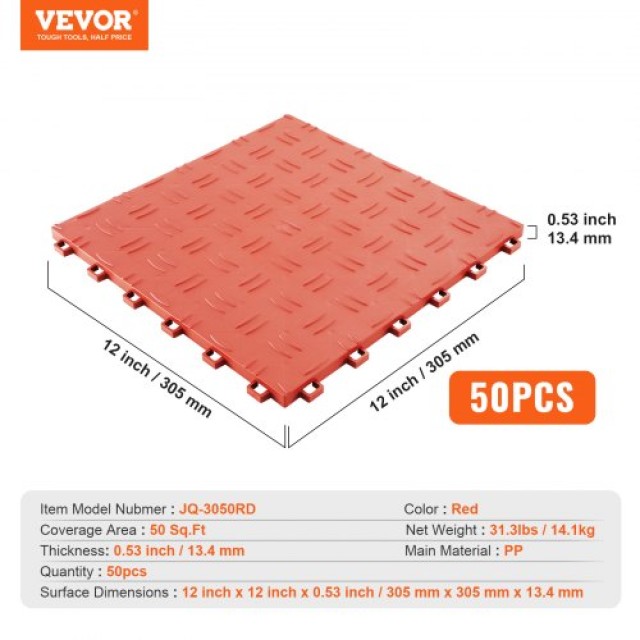 Πλακάκια Γκαράζ VEVOR, 12x12x0.53, 50τμχ, Αντιολισθητικά, Κόκκινα  CKDDHSJ501212FZ13V0