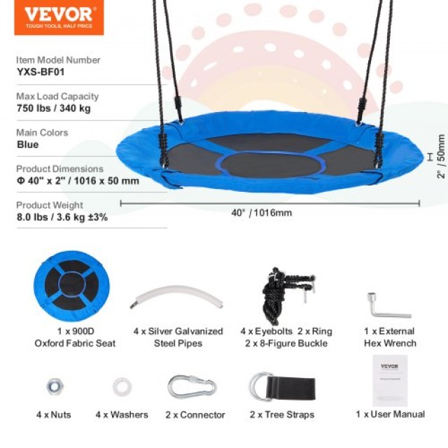 Κούνια Δέντρου VEVOR 40 Στρογγυλή 750lbs 900D Oxford Μπλε  LSFDQQLSFD409Q7D1V0