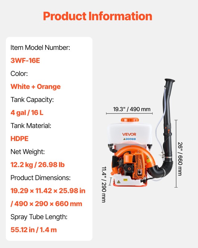 VEVOR Ψεκαστήρας Πλάτης 63CC 3HP, Χωρητικότητα 16L, Για Υγρά και Σκ... VEVOR Ψεκαστήρας Πλάτης 63CC 3HP, Χωρητικότητα 16L, Για Υγρά και Σκ...