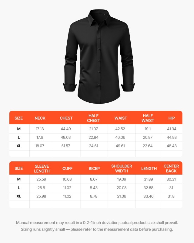 VEVOR Ανδρικό Μαύρο Πουκάμισο Διαστάσεις: Μέγεθος Μ, Μήκος Πίσω Μέσ...