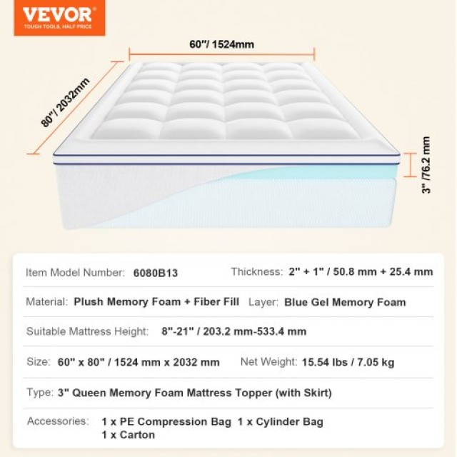 Στρώμα Κάλυμμα Premium Memory Foam 76.2mm Queen 1524 mm x 2032 mm  ...