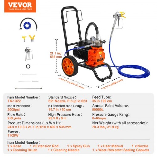 VEVOR Καρότσι Ηλεκτρικός Ψεκαστήρας Χρώματος 1100W  GMSGYWQPTJ11GUFKJV2