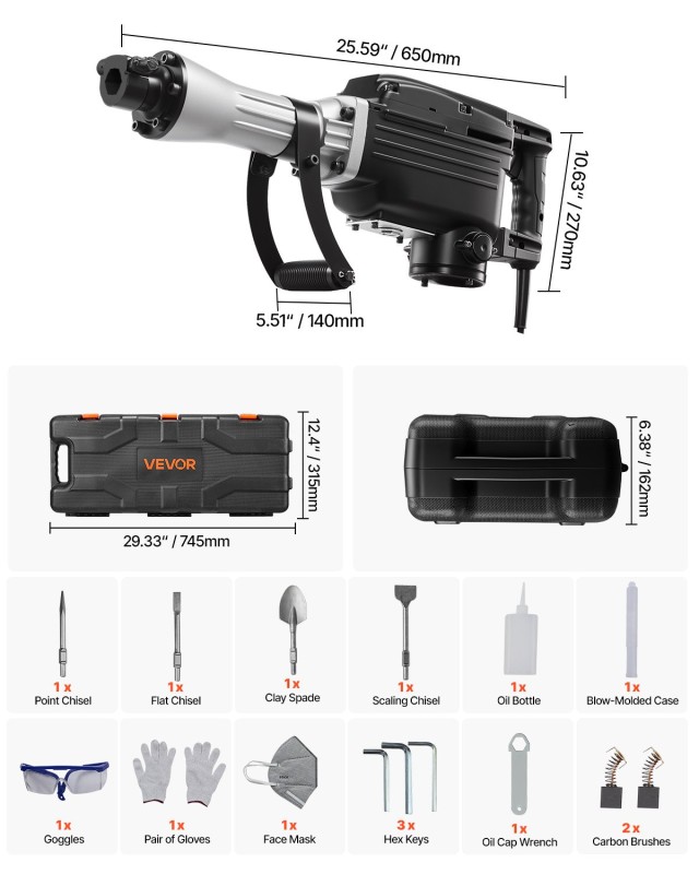 VEVOR Ισχυρό Ηλεκτρικό Σκαπτικό Σφυρί 2800W, 45 J, 1200 BPM, Διαστά... VEVOR Ισχυρό Ηλεκτρικό Σκαπτικό Σφυρί 2800W, 45 J, 1200 BPM, Διαστά...