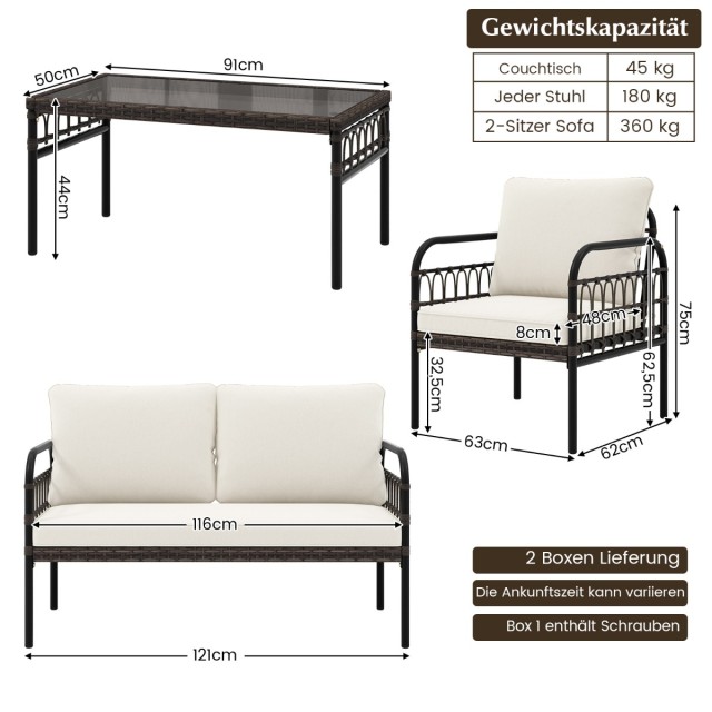 Costway Σετ Κήπου 4τμχ με 2 Πολυθρόνες Rattan & Παγκάκι & Τραπέζι μ...