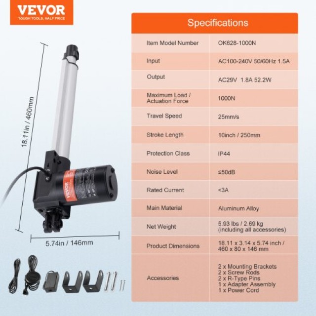 VEVOR  Σετ Γραμμικού Ενεργοποιητή 24V 10 0.98/s 220lbs/1000N με Προ...