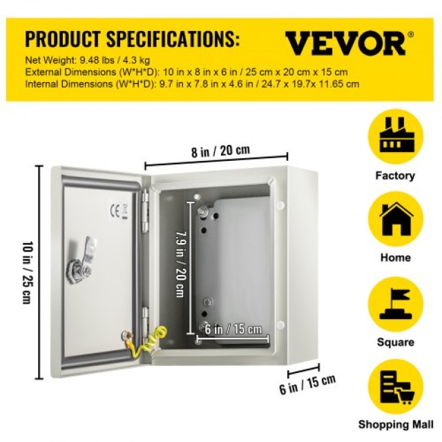 Κουτί Ηλεκτρικών Συνδέσεων VEVOR NEMA 4X 10x8x6 Ατσάλινο, IP66 Αδιά...
