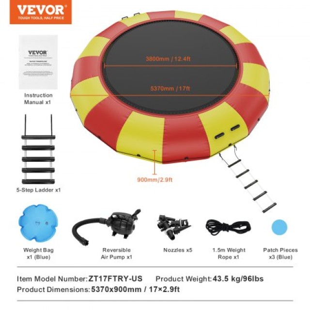 VEVOR 5μ. Φουσκωτό Τραμπολίνο Νερού Πλατφόρμα για Πισίνα Λίμνη Παιχ...