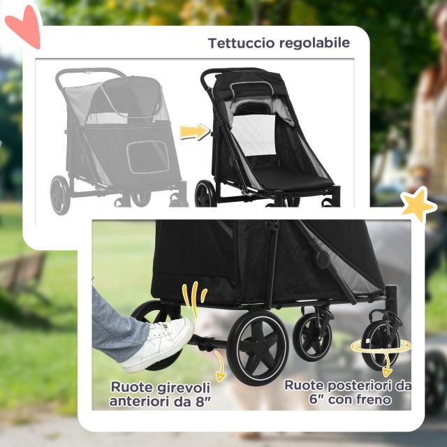 PawHut Πτυσσόμενο καροτσάκι για σκύλους με φερμουάρ εισόδους και παράθυρα με δίχτυ, 112x65x100 εκ., Σκούρο Γκρι και Μαύρο D00-167V01GY