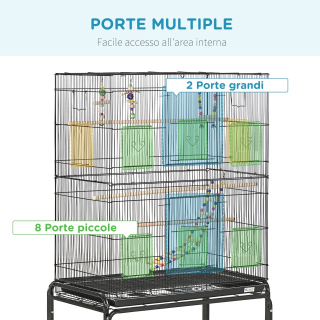 PawHut Steel Bird Cage with Perches, Toys, Food Contains and Tray, 79x49x133 cm, Μαύρο D10-090V00BK