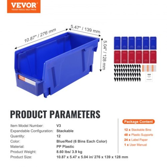 VEVOR Πλαστικά Κάδοι Αποθήκευσης, 11x5x5 ίντσες, Κρεμαστοί Στοιβαζόμενοι Οργανωτές, Μπλε/Κόκκινο, 12άδα, Βαρέως Τύπου για Ντουλάπα, Κουζίνα, Γραφείο ή Ντουλάπι  DDWLX12G00006BTMBV0