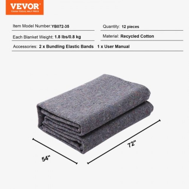 Κουβέρτες Μετακόμισης VEVOR, 72 x 54, 21 lbs/dz, 12 τεμ., Επαγγελματικές Ανακυκλωμένες Βαμβακερές Κουβέρτες Προστασίας  DCBYT72X54INR64KOV0