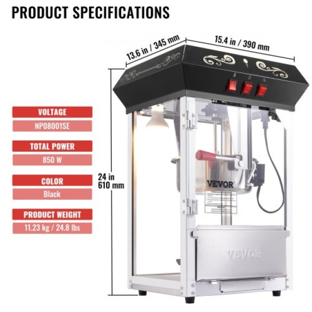 VEVOR  Μηχανή Ποπκόρν Πάγκου 850W 8 Oz 48 Κούπες Μαύρη TSBMHJ8OZ850M1C6BV2