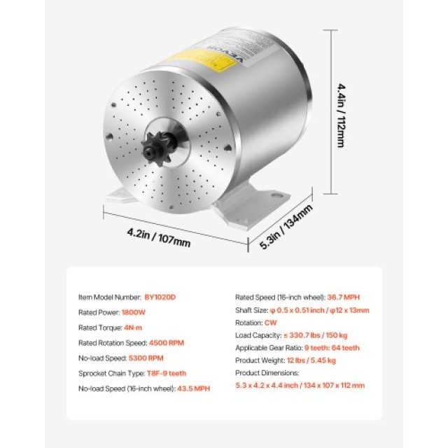 VEVOR Σετ Ηλεκτρικού Κινητήρα Χωρίς Ψήκτρες 1800W 48V 4500rpm με Αναβαθμισμένο Ελεγκτή ZLWSDJTJ1800AD2N1V9