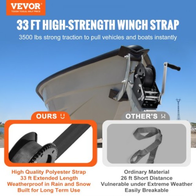 VEVOR  Χειροκίνητος Βίντσι 3500 lbs με Ιμάντα 33 ft για Σκάφος/Τρέι...