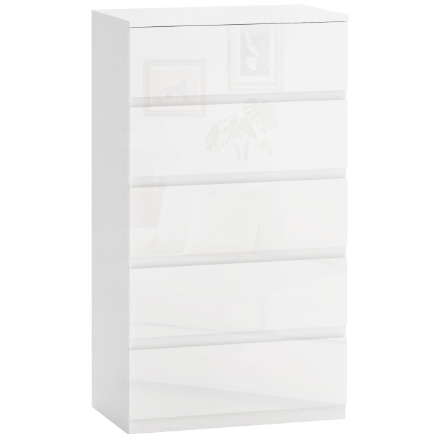 HOMCOM Moderne Kommode mit 5 kippsicheren Schubladen aus Holz, 55x33x100 cm, Weiß glänzend 831-337V8AWT