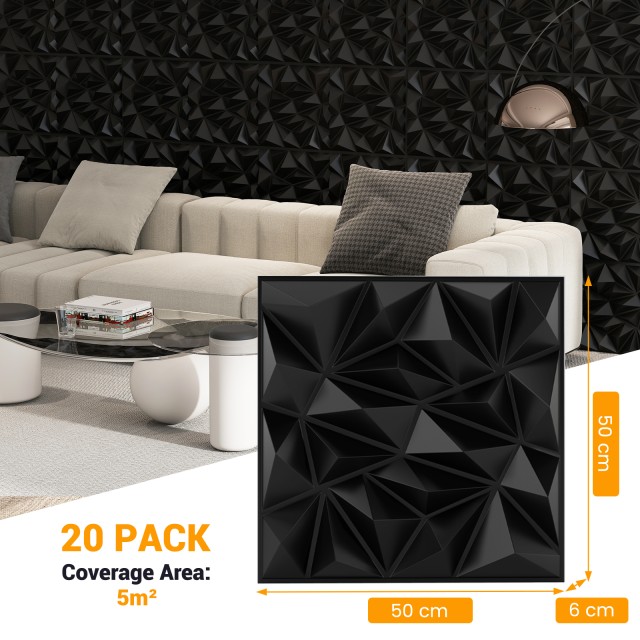 Costway  Σετ 20 τμχ Αυτοκόλλητα 3D Πάνελ Τοίχου 50 x 50 εκ. Μαύρο H...