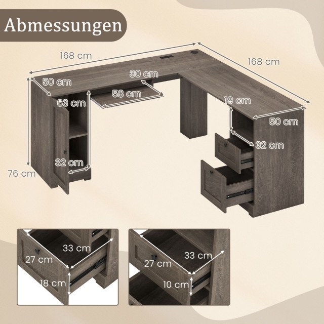 Costway Γκρι Γραφείο Γωνιακό με Φορτιστή, Πληκτρολόγιο & 2 Συρτάρια...