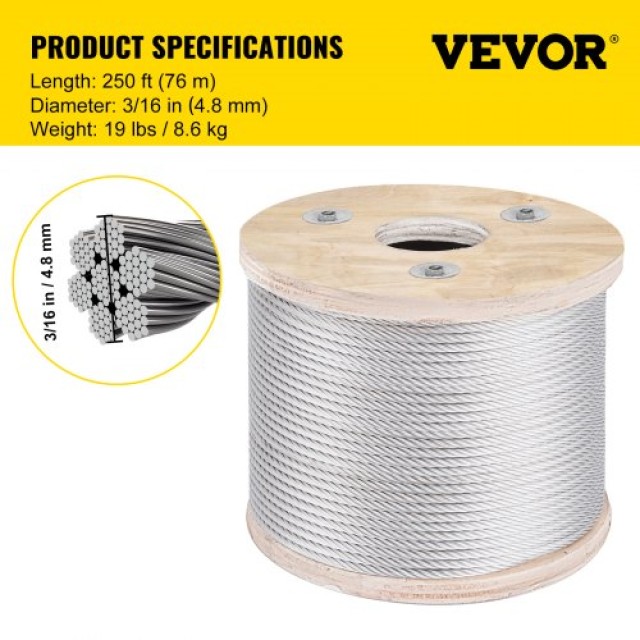 Καλώδιο Ανοξείδωτο VEVOR 304 3/16 7x19 250ft για Κάγκελα & Μπαλκόνια  GSS7X19-4.8MM76M1V0