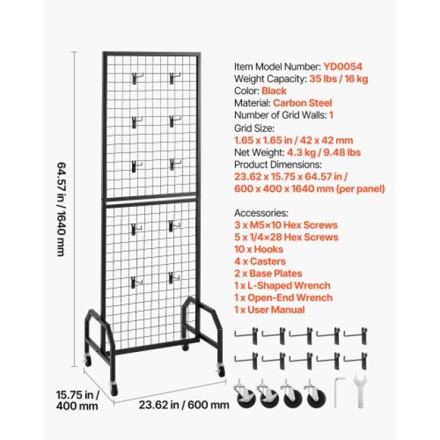 VEVOR Πλέγμα Επίτοιχης Οθόνης 600 x 1640 mm με Ρόδες και 10 Γάντζου...