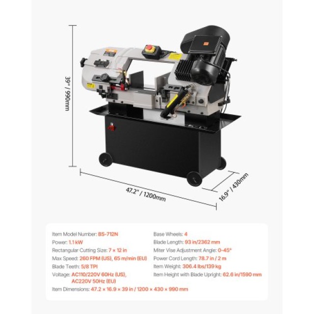 VEVOR Μεταλλική Οριζόντια Ταινιοπρίονα 7 x 12 ιντσών 1.1 kW Μεταβλητής Ταχύτητας 220V WSJSSPDJBKXZEYJ1XV2