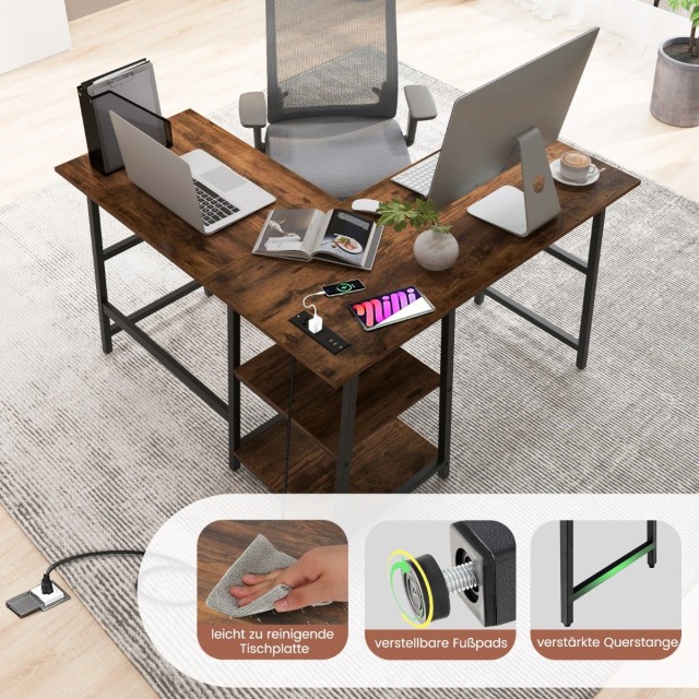 Costway Γραφείο σε σχήμα L με πρίζες & θύρες USB 120 x 120 x 75 εκ. Ρουστίκ καφέ CB10470DE-CF