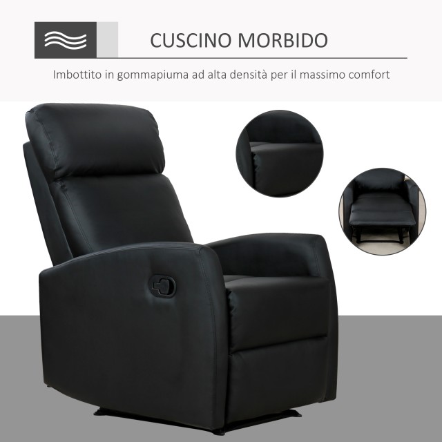 Homcom Εργονομική Ανακλινόμενη Πολυθρόνα Relax σε Eco-Leather, 65x92x100cm, Μαύρο 833-384BK