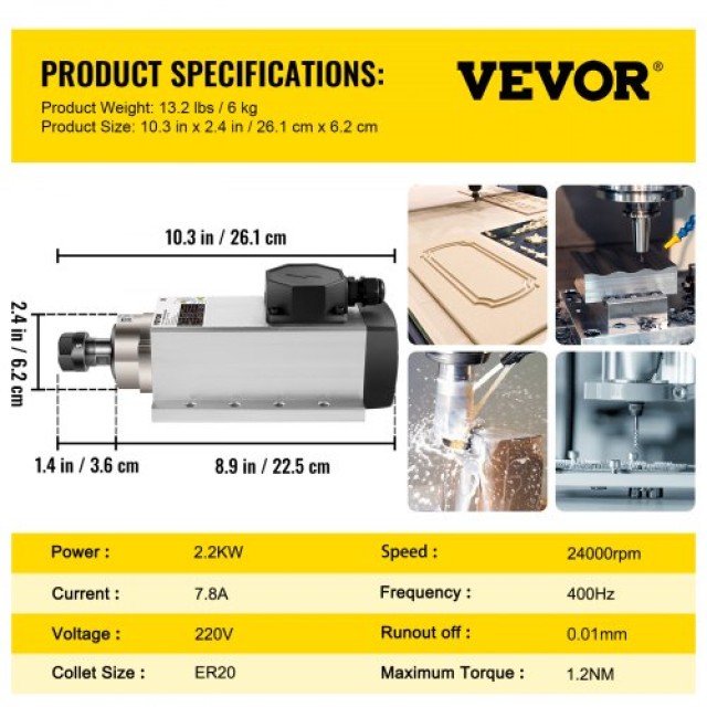 VEVOR Αερόψυκτο Μοτέρ 2.2KW CNC 220V ER20 24000 RPM για Φρέζα/Χαρακτική  FLDJ2.2KWER200001V7