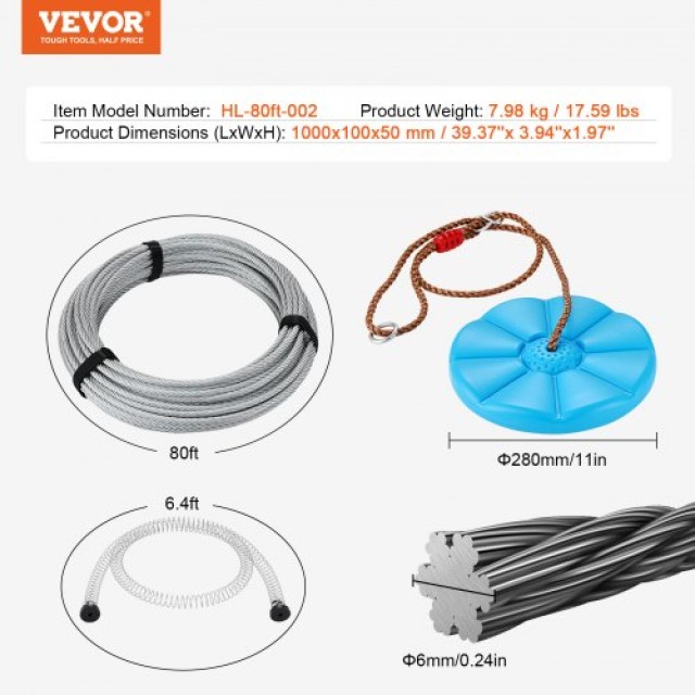 Σετ Zipline VEVOR 80 ft για Παιδιά & Ενήλικες, έως 500 lb, με Ασφάλεια & Άνεση  BXGHSTJ80YCBRY0IBV0