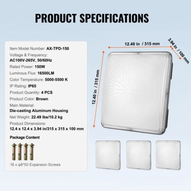 VEVOR 4 Φωτιστικά LED Οροφής 150W 16500LM 5000K Ημέρας Εξωτερικού Χώρου  TPDDS150W4JT18VDWV7