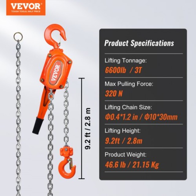 VEVOR Χειροκίνητος Αλυσοτροχός 3 Τόνων, 10 FT, G80 Χάλυβας, για Γκαράζ/Εργοστάσιο/Λιμάνι  CGSBHLH3T10FTQMVPV0