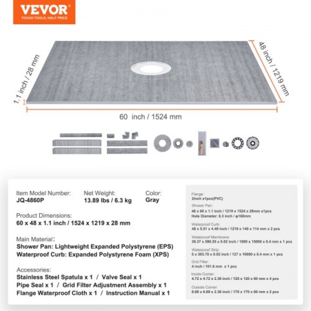 Σετ Ντουζιέρας VEVOR, 1219x1524mm με Κεντρική Φλάντζα PVC, Αδιάβροχη Μεμβράνη, Ανοξείδωτη Σχάρα και Σφραγιστικό, Κατάλληλο για Μπάνιο  PVCLYTJHSPVCXWUQDV0