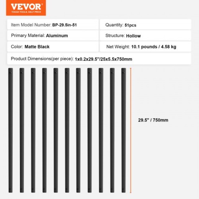 VEVOR Μεταλλικά Κάγκελα Σκάλας 51τμχ 29.5x1 Αλουμινίου με Βίδες  BPKLGZ51G295RCF96V0