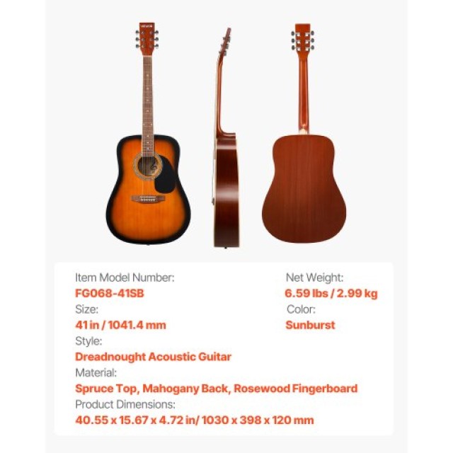 VEVOR Δέσμη Αρχαρίων Ακουστικής Κιθάρας Dreadnought 41 Sunburst με ...