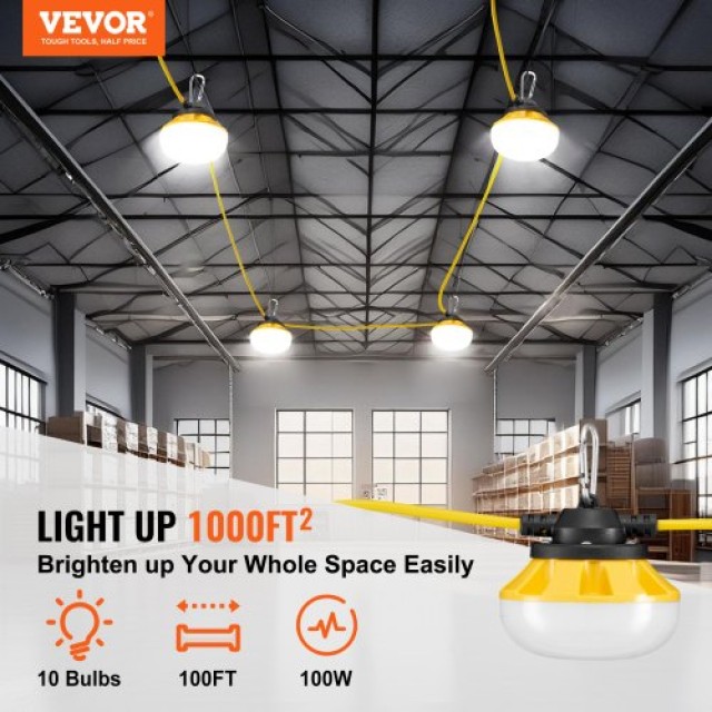 VEVOR  100FT Κατασκευαστικά Φώτα 100W 10000LM Συνδέσιμα Αδιάβροχα JZCD100YC000WZ70UV2