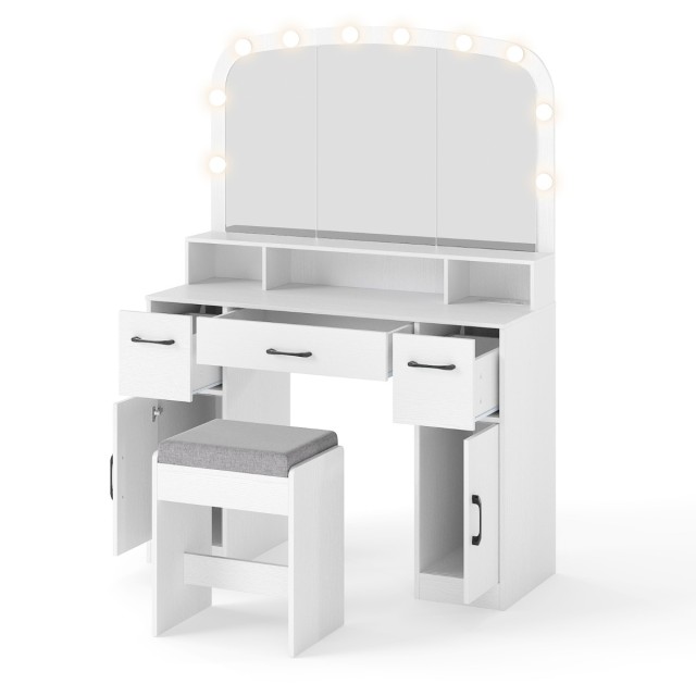 Costway Σετ Καλλωπισμού με Καθρέφτη LED 3 Χρωμάτων & Σκαμπό - Λευκό...